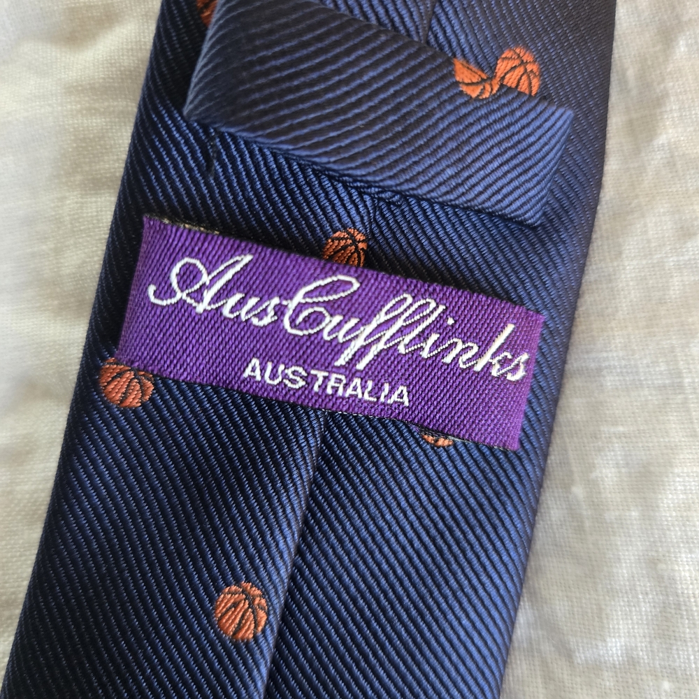 Navy Blue Men's Tie with Orange Basketball Motif - Picture 2 of 2